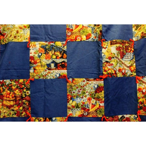 Handmade Lap Throw Blanket Quilted Bountiful Harvest Fruit Vegtables Blue 37"x44 - Picture 6 of 8